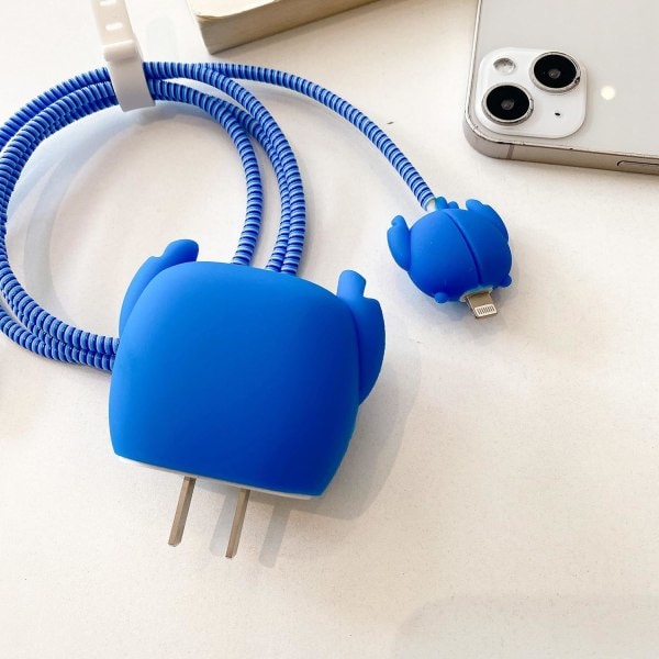 IC 3D Söt Cartoon Fodral för Apple 20W USB-C Ström iPhone 20W Snabbladdningskabel Laddningshuvud Skyddande (Blå Söm)