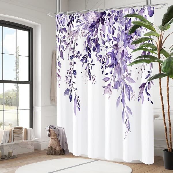 IC Purple Eucalyptus duschdraperi, akvarell växtblad med blommiga badrum duschdraperi set med krokar, 72x72