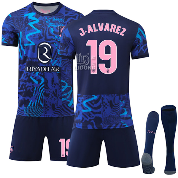 Atletico Madrid 2 bortedrakt nr. 19 Alvarez 7 Griezmann fotballdrakt ny blå sportsdrakt Size 7 with socks + protective gear #XS
