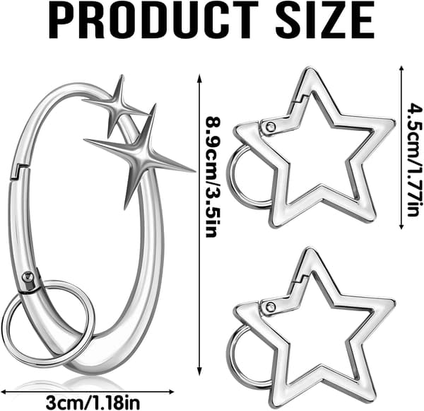 3-pack stjärnformade karbinhake-nyckelringar, glänsande nyckelringsklämmor i legering för bilnycklar, handväskor, ryggsäckar, plånböcker och väskberlocker, silver