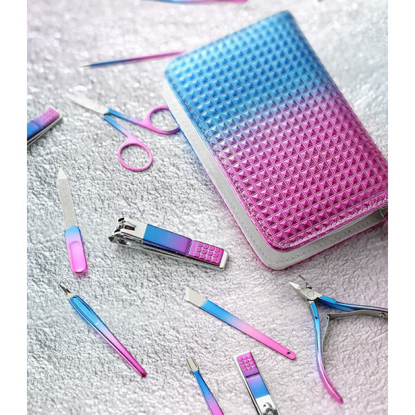 IC Manikyrset, 15-delat nagelklippsset for kvinnor (rostfritt stål) (for resor og dagligen) (lila og blå)