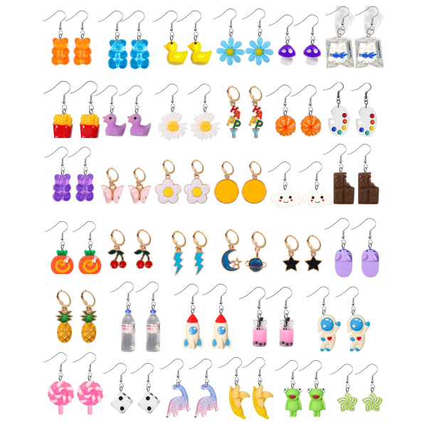 Merkelige Søte Øredobber Morsomme Kawaii Indie Funky Øredobber Inkludert Gummibjørn Vannflaske Mat Sopp Boba Te Øredobber Gullfisk Blomster Dang 28 Par
