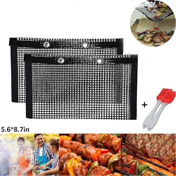 BBQ Grill Meshposer Sæt med 2 Silikonebørster, Non-stick Genanvendelige PTFE Grilltilbehør til Kulgrill, Sort 5.6 x 8.7 Tommer