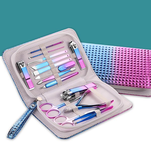 IC Manikyrset, 15-dele nagelklippsset for kvinder (rostfritt stål) (for resor og dagligen) (lila og blå)