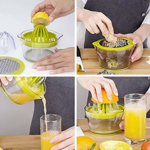 Multifunksjonell manuell sitruspresse, 4 i 1 juicepresse for appelsiner, sitroner, sitrusfrukter, med 1 rivjern, gravert måling 400 ml