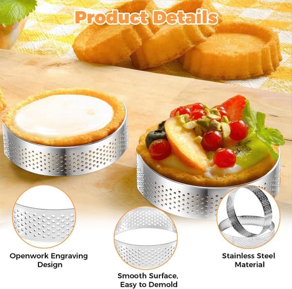 12 stk. perforerede dessertringe 6 cm kagemousseforme i rustfrit stål til bagning af minipizzaer, tærter, muffins, sølv, hjemmebageværktøj