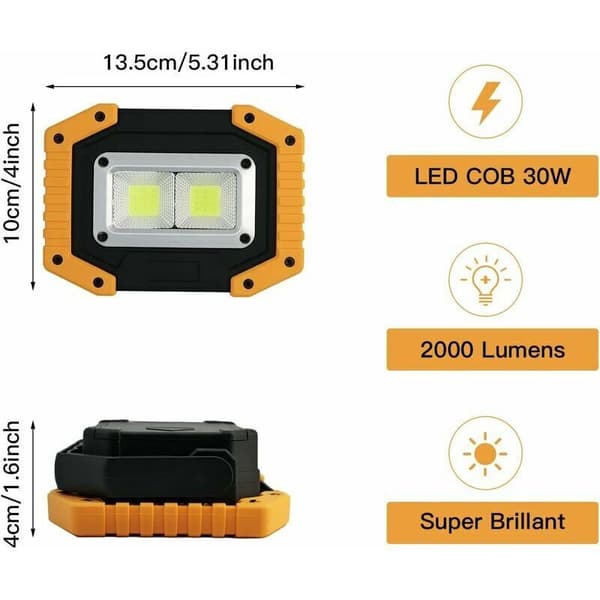 Genopladelig LED Floodlight 30W 2000LM Bærbar Arbejdslampe med 2X COB USB til Camping 3 Tilstande Batteri 1 Styk