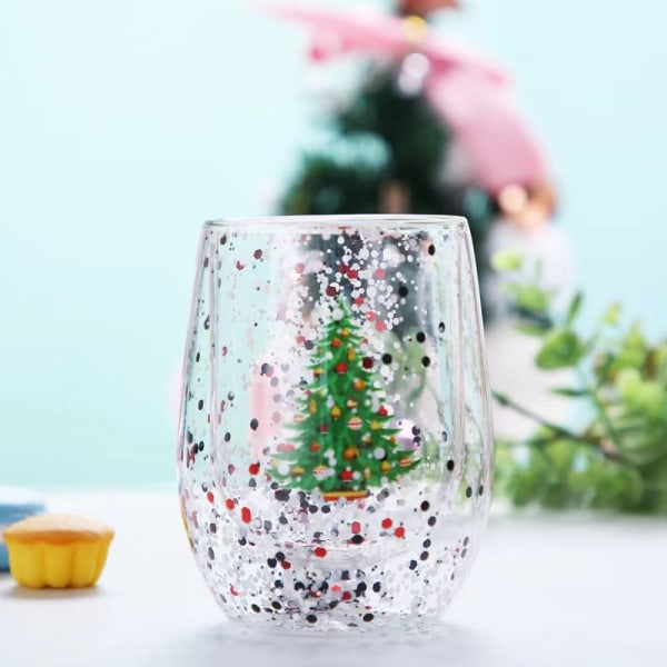 IC 300ml lämmönkestävä kaksoislasinen joulukuppi söpö piirretty lumihiutale joulukuusi maitoastia