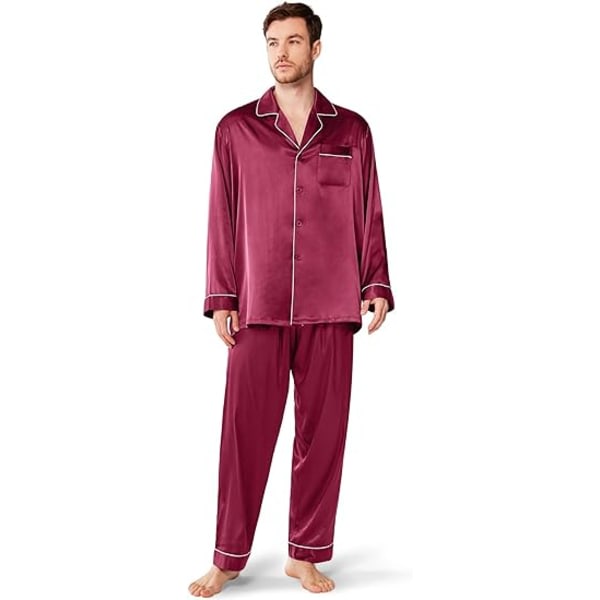 Pyjamasset for män i sidensatin, ångärmad PJ sett med knappar och sovkäder i fickor vinrød l