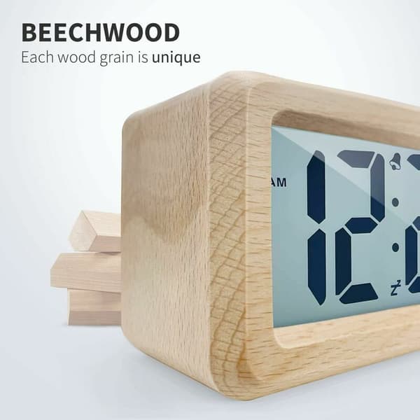 Digital väckarklocka i trä med LED-display Datum Temperatur Snooze Batteridriven Kräver 3 AAA-batterier