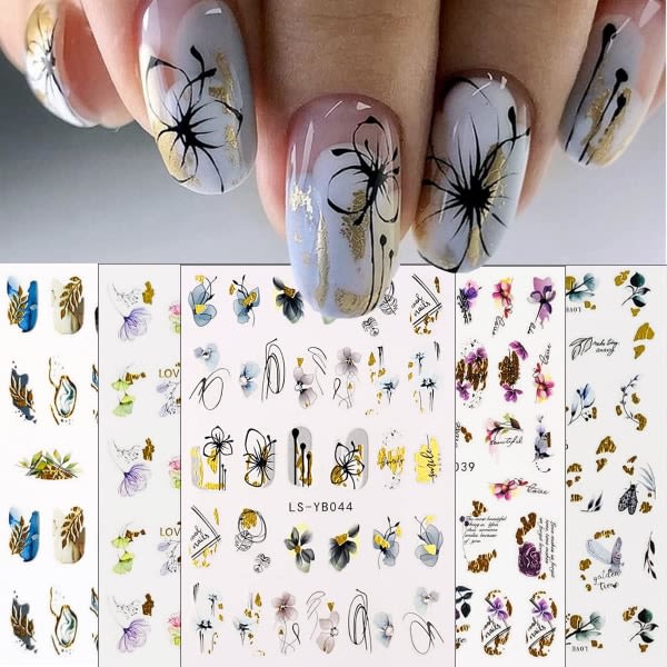 IC 9 ST Blommor Nail Art Stickers Dekaler Butterfly Design Stickers Självhäftande Dekaler Blommig Butterfly Akvarell Nageldekaler