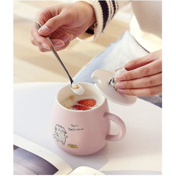 Kattmugg, söt keramisk kaffemugg, med 3D kattformat lock och sked 10x8cm (rosa)