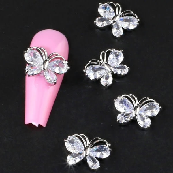 IC 5 st Glittrande Zirkon Fjärils Nagelberlocker 3D Legering Fjäril Nagel Strass Nagelkonst Berlocker Nagel Smycken Fjärils Berlocker (silver)