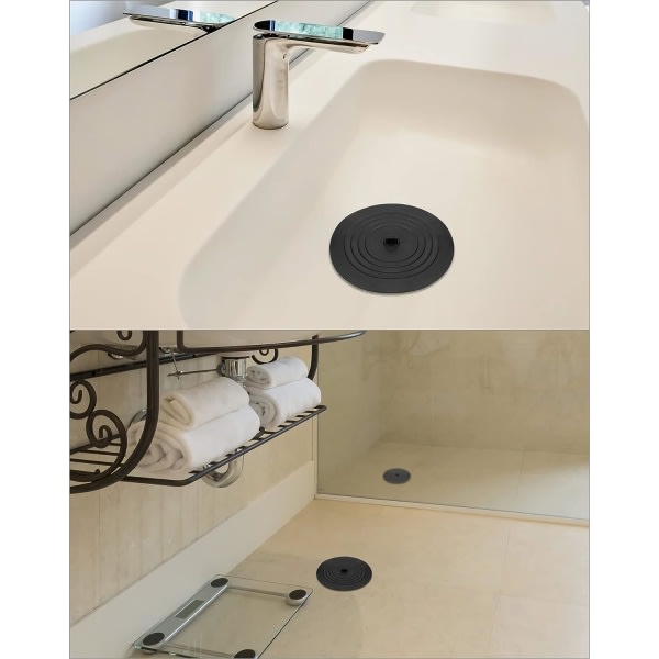 Silikone Aftapningsplugsæt med 2 stk., Vaskpropper, Badekarspropper, 15 cm, til Vask, Badekar, Sort