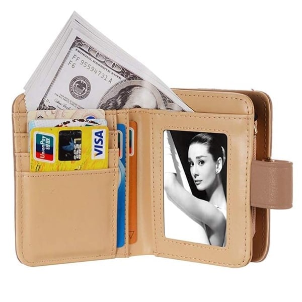Damplånbok i läder, liten bifold-plånbok handväska med khaki