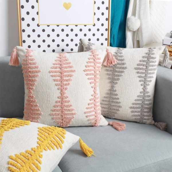 IC Dekorative Boho-frynsede geometriske pudebetræk med frynser Firkantede pudebetræk Pudebetræk til sofa Sækkestue (rosa, 18\"x18\")