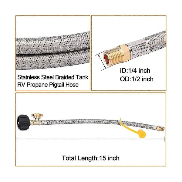 Husbilspropanslang med mätare, flätad i rostfritt stål, passar 5-40 lb tankar, 15 tum, silver, 2-pack