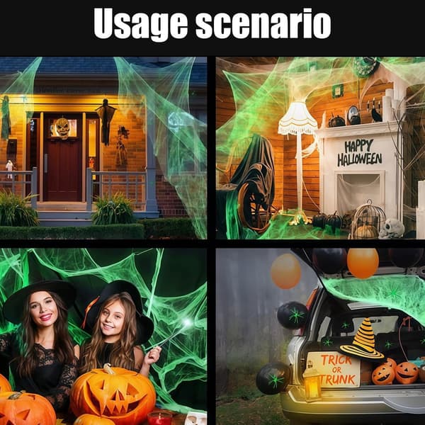 Selvlysende edderkoppespind til Halloween-dekoration 300g, strækbart edderkoppespind med 60 sorte edderkopper til indendørs og udendørs brug i hjemmet, haven og til fester
