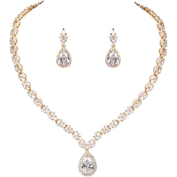 IC Vitguld/guldpläterat Cubic Zirconia CZ Marquise Teardrop Bröllops Tennis Halsband och Örhänge Set för Brudar