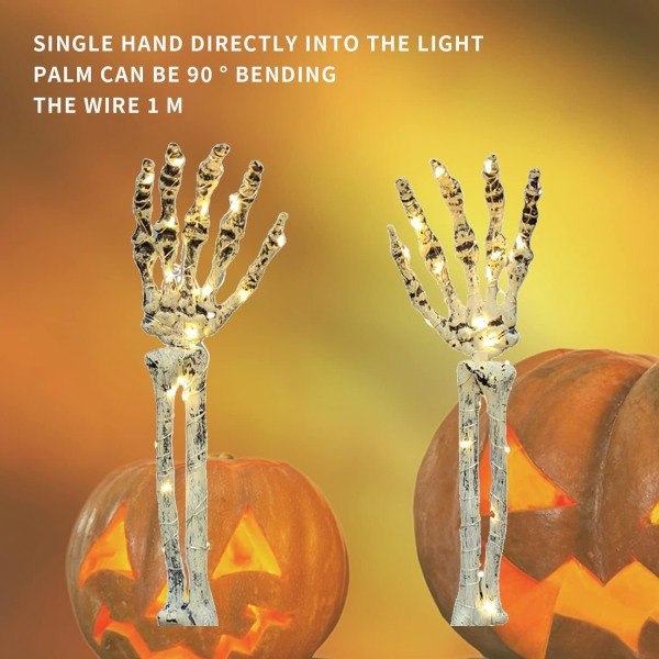 IC Halloween Utomhusdekorasjoner, sett med 2 opplyste skeletthender, 40 LED-lys, selvlysende dekorasjon for julfest, innendørs- og utendørsdekorasjon
