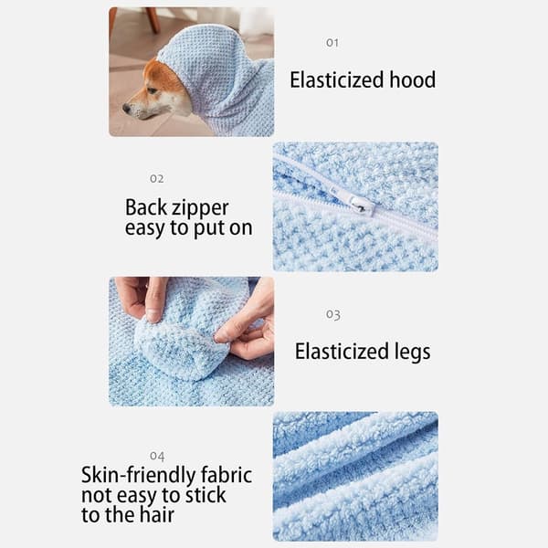 Hundebadekåbe, hurtigtørrende ultra-absorberende koralfleece kåbe til hunde efter bade og regnfulde gåture, blå, størrelse L