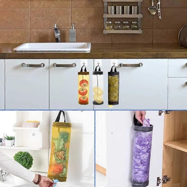 Plastic Bag Holder, 4 Pcs Foldable Household Breathable Hanging Mesh Bag Organizer with 4 Pcs Hooks for Home and Kitchen