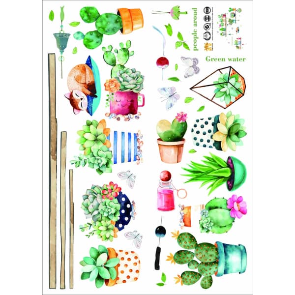 IC Väggdekaler med gröna krukväxter Cartoon Cactus Wall Stickers