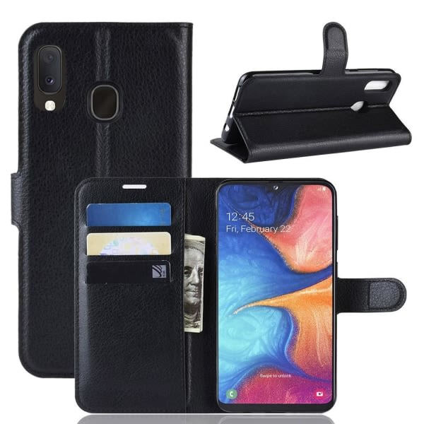 IC Samsung Galaxy A20e - Plånboksfodral i Litchi-läder - Svart Svart Svart
