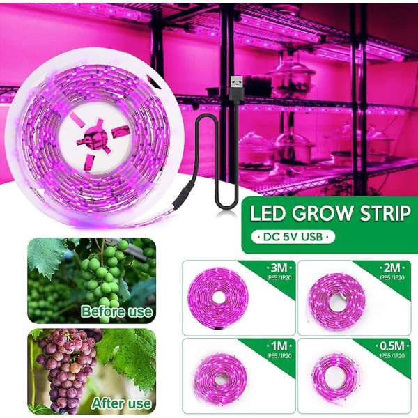 Led Plant Light 5v, havesodling Led Grow Flower Light, Full Spectrum 2835 Smd Med USB(2m, vandtæt)