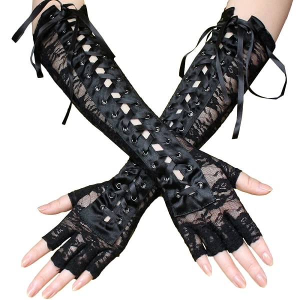 IC Dambandage langa handskar, sexig sort spets lang fingerløs
