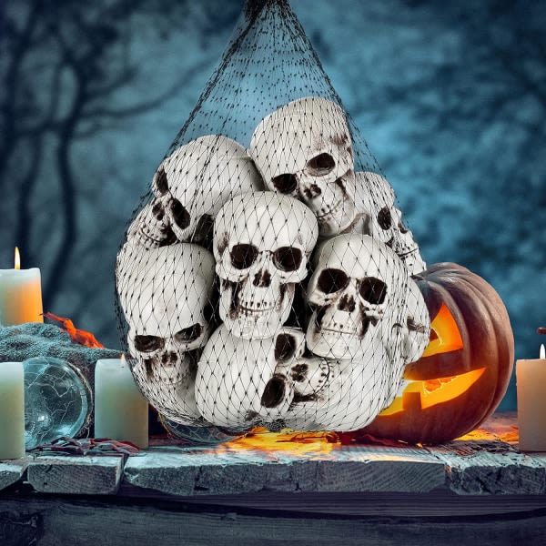 20 st Mini Halloween Dödskallar Huvuden Plast Miniatyr Döskallar Skelett Huvuden Dekorationer i mesh Realistiska