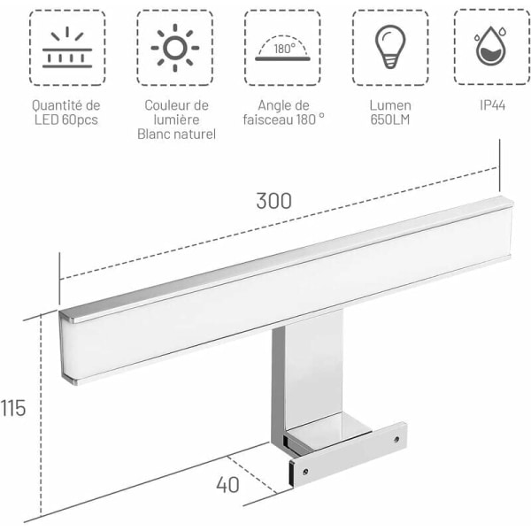 IC 5500k kylpyhuonespeilivalo, 30cm 6w 230v & 650LM LED-seinävalaisin