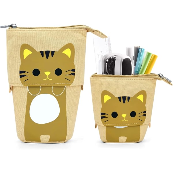 IC Cat Cute stående koffert for barn, pop up pennask sminkpåse, tegnet julklapp for barn organizer(brun katt)