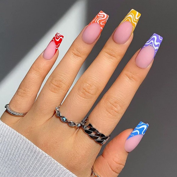 IC Falska naglar trycker på matt kista falska naglar för kvinnor och tjejer Colorful Swirl French