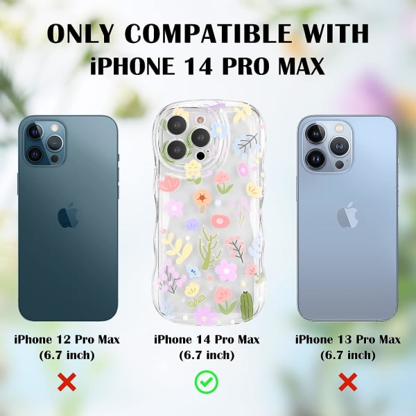 Mobildeksel for iPhone 14 Pro Max, Søt fargerik Flower Curly Wave Transparent Deksel med Nydelig Blomster Armbåndskjede for Kvinner