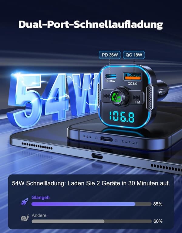 Bluetooth FM-sändare för bil, PD 36W & QC 3.0 snabbladdare med dubbla mikrofoner, handsfreesamtal, brusreducering & batterispänningsdisplay