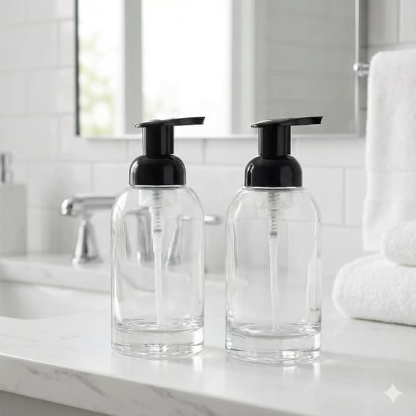 Sæbedispenser i glas - Sæt med 2 - 375 ml - Skumpumpe til skumsæbe - Sort pumpe - Transparent