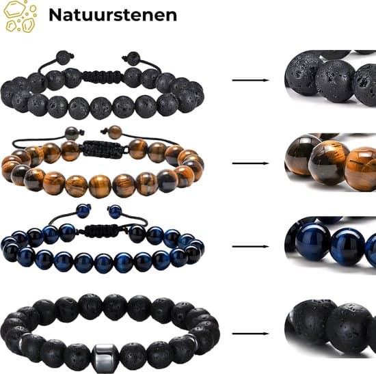 Matte sorte naturstensarmbånd til mænd, sæt med 3+1 inkl. fløjlspose, allergivenlig elastik, én størrelse, gave
