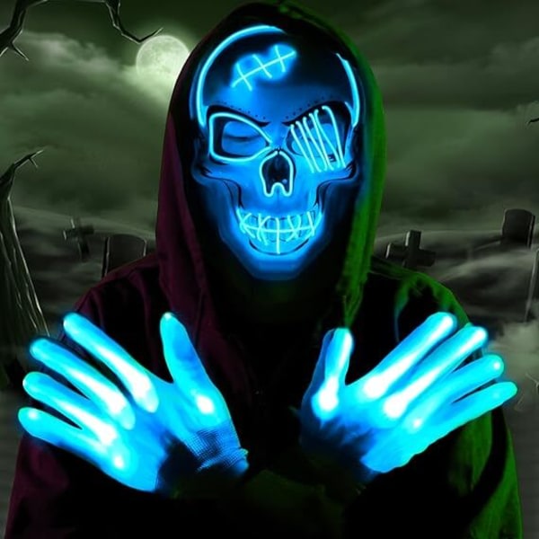 LED-maske med håndskar, Halloween Light up Scary Mask Blue