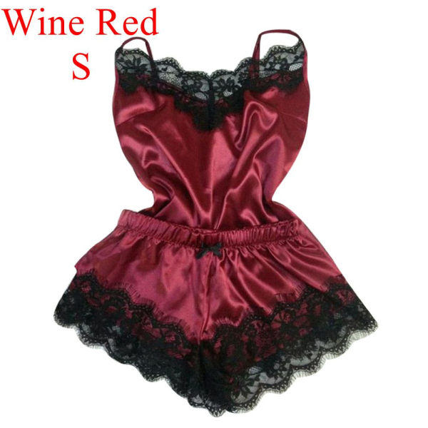 2 osaa Seksikäs satiini alusvaatteet Pitsi Univaatteet Set WINE RED S