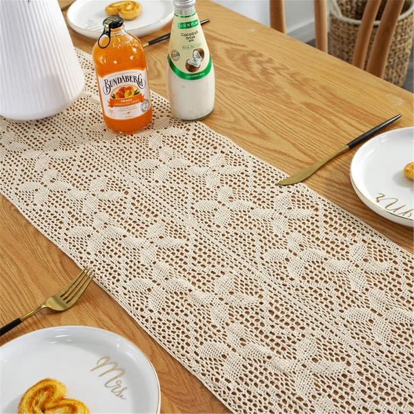 IC Vintage Makramé Bordslöpare, Handgjord Virkad Spetsbroderi Bordslöpare, Boho Bomullsduk med Tofsar för Bröllopsbord (A. 30 x 200 cm)