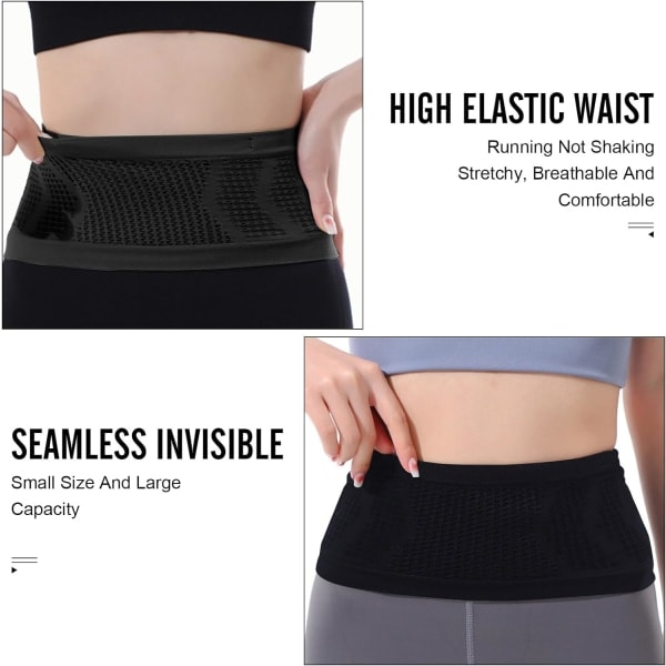 Slim Fit Löparbälte med 4 Säkra Stora Fack, Fukttransporterande Workout Fanny Pack, Midjeväska för Löpare, Fitness, Träning Svart L Black L