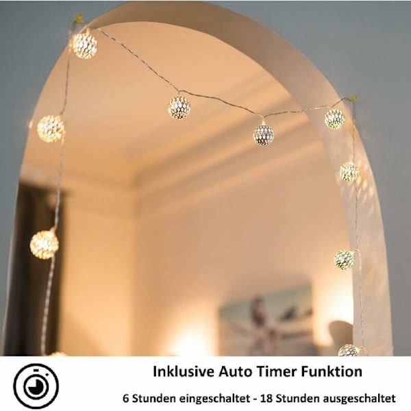 LED-ljusslinga - Totallängd 3M 20 varmvita LED-lampor Ljusslinga Silverkulor Marockansk orientalisk stil - Inget batteribyte (Kontakt)