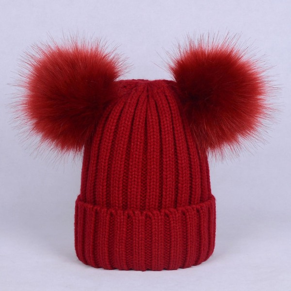 Dammössa enfärgad plyschboll höst vinter fluffig pompoms hatt för utomhusbruk Vinröd M