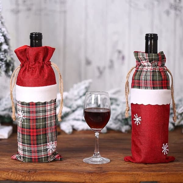 2-pack julbuffel plädade vinflaskskydd, jultröja cover, presentpåsar för vinflaskor för festdekorationer, till jul