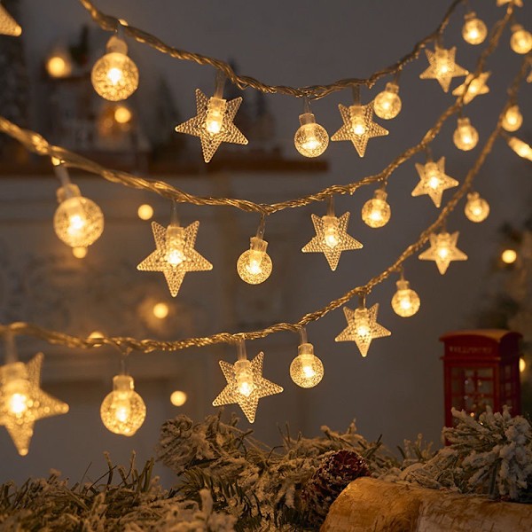 Kuglelysstreng til rummet, atmosfærisk boblelysstreng til udendørs brug, batterikasse, dekoration, stjernelys Snowflakes and stars warm white 6m 40 lights battery model