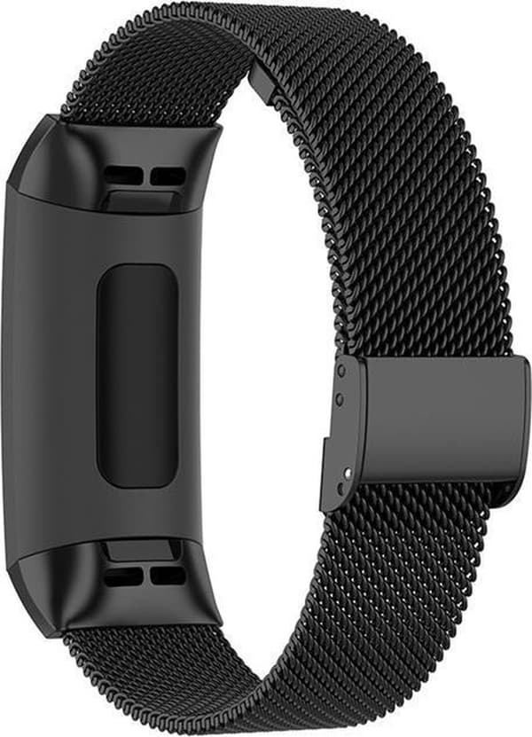 Lyxigt Milanese loop-armband för Fitbit Charge 3/4 – svart rostfritt stålnät, låsbart spänne
