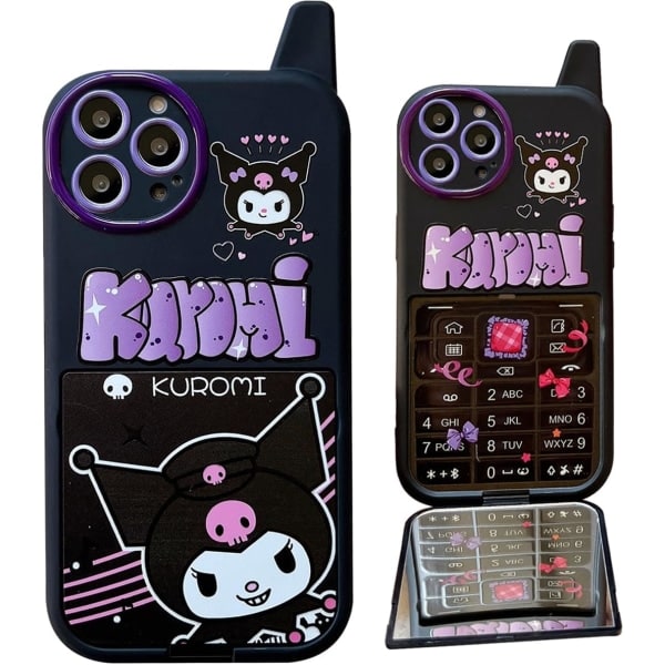 IC Tegneserie-etui til iPhone 12, Retro Kawaii Sød telefonetui med spejl Blødt stødabsorberende TPU-cover til piger Børn Teenagere (Sort)