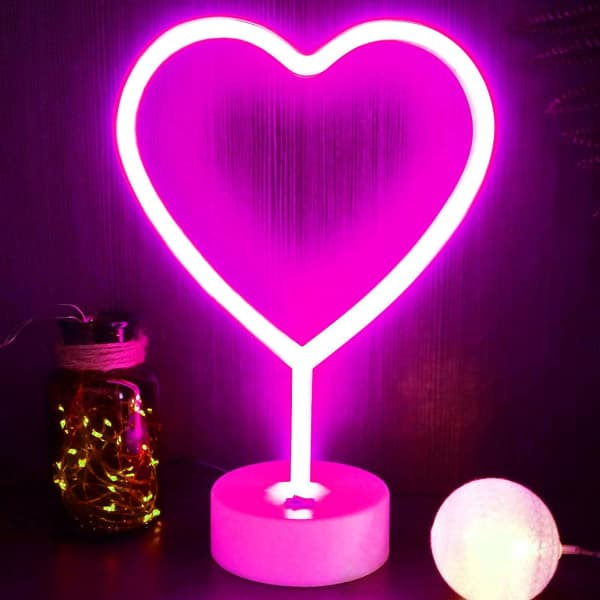 Hjärta LED Neonljus USB- eller Batteridriven Silikon ABS Bordslampa för Sovrum Bröllopsfest Dekor Rosa