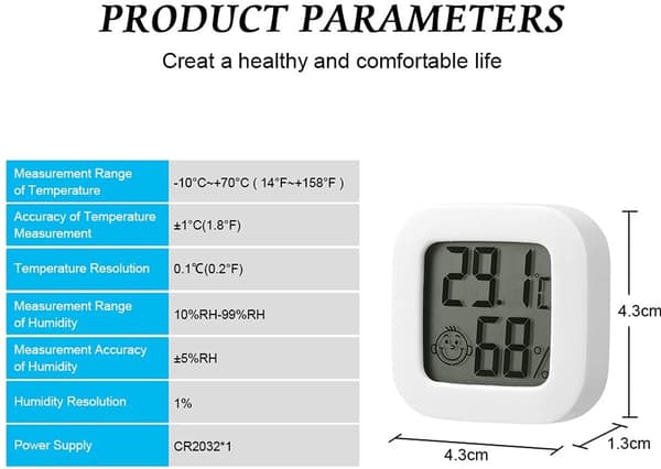 Digital hygrometer inomhustermometer 2-pack, minitemperatur- och luftfuktighetsmätare med tydlig LCD-display för hem, kontor, sovrum, vit